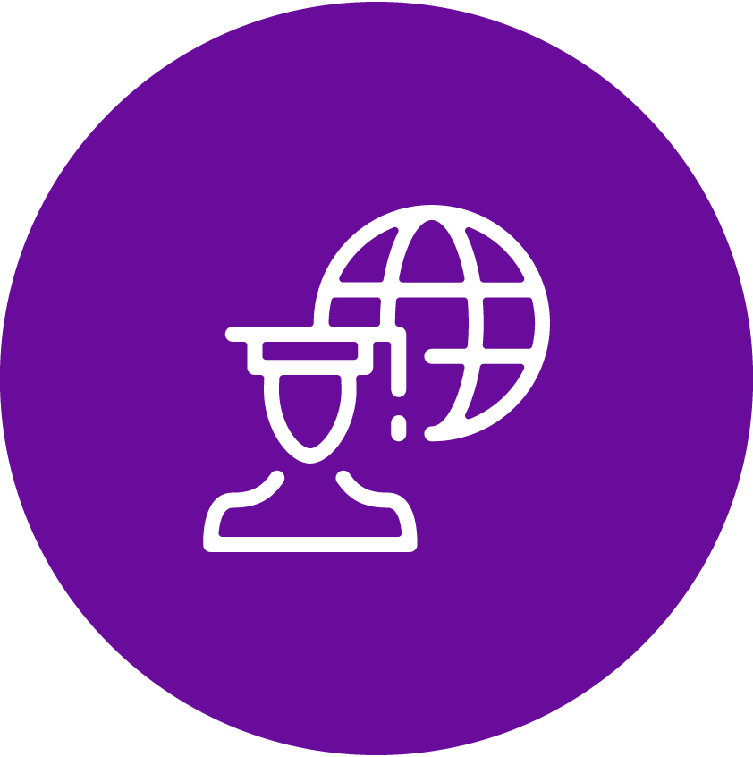 Icon of a graduate with cap standing in front of a globe.