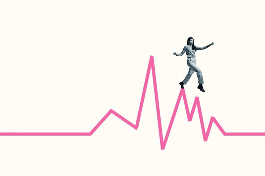 A graphic illustration of a person stepping down a pink horizontal line chart against a beige background.