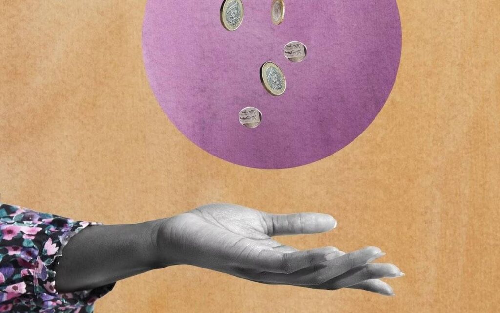 A graphic illustration showing an open hand beneath falling coins, against an orange background.