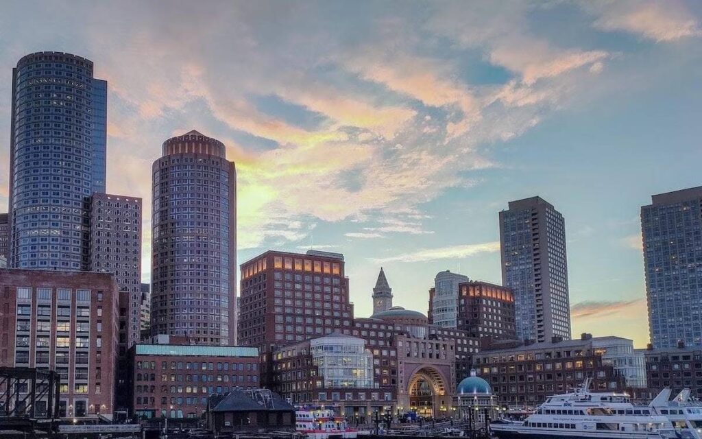 A sunset view of Boston Harbor.