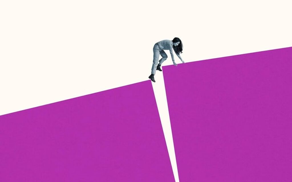 A graphic illustration of a young woman climbing on large magenta blocks against white background.