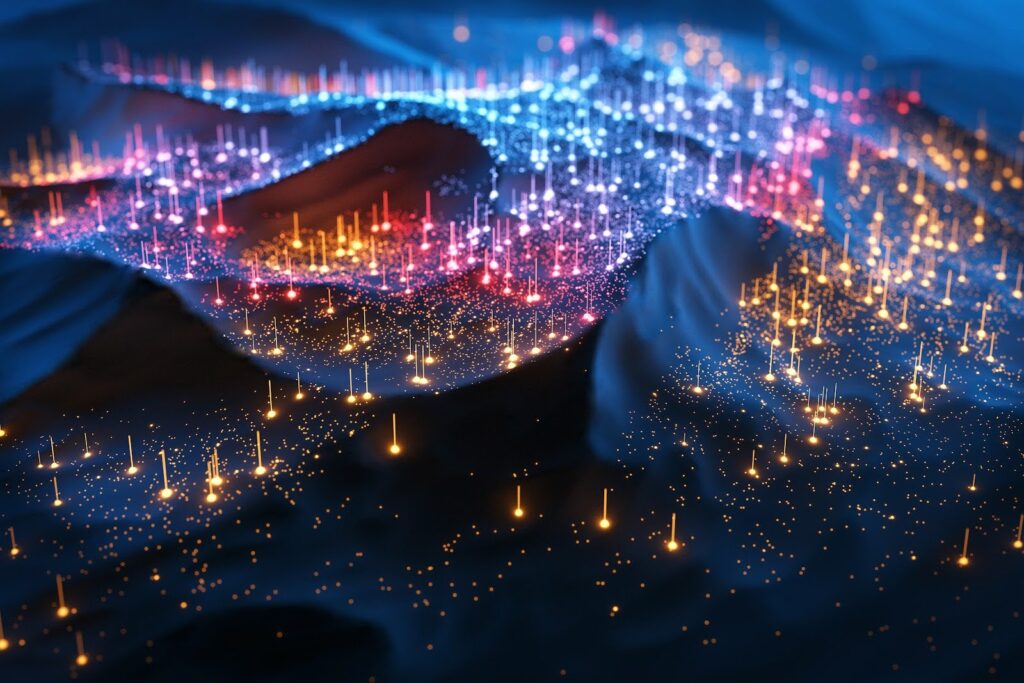 A digital generated image of multi-colored glowing data over a landscape.