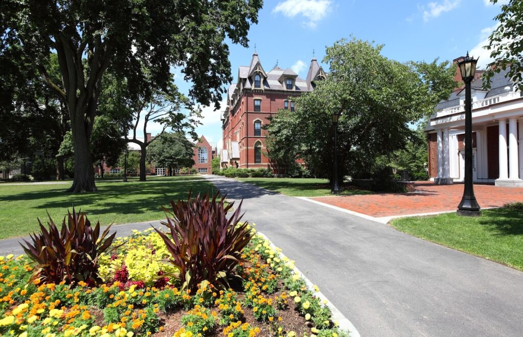 Tufts campus in Medford, MA. From right to left: Bendetson Hall, West Hall, the Olin Center.